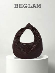 Fashion Solid Color PU Woven Crescent-Shaped Handbag, Suitable For Women Shopping, Dating, Gifts And Daily Use - Coffee - View 1