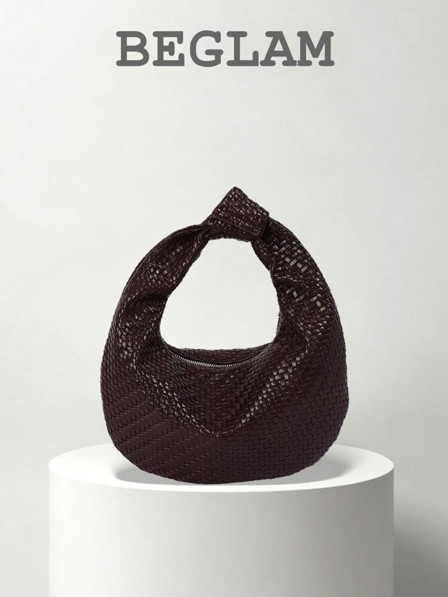Fashion Solid Color PU Woven Crescent-Shaped Handbag, Suitable For Women Shopping, Dating, Gifts And Daily Use - Coffee - View 1