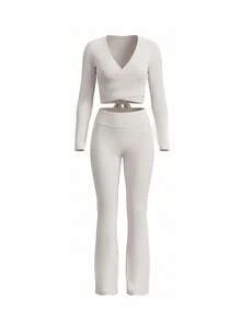 Setelan Olahraga Kasual Wanita 2 Potong, Atasan Lengan Panjang Model V Neck dengan Bantalan yang Dapat Dilepas, Model Wrap dengan Detail Kerut di Bagian Dada dan Simpul di Belakang, Celana Panjang Model Flare Skinny untuk Aktivitas Olahraga, Pakaian Olahraga Gym - Grey - View 3