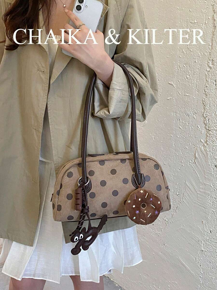 CHAIKA & KILTER 1件裝對比色磨砂麂皮布料女款復古時尚保齡球肩背包，滿版波點圖案，對比色絎縫縫線，雙手柄設計，拉鍊開合，適合日常與街頭穿搭（附吊飾）
