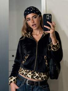Women's Black Plush Zip-Up Hooded Jacket, Leopard Print Contrast Trim Long Sleeve Cropped Outerwear, Y2K Street Style Jacket, Suitable For Spring, Autumn, Winter, Halloween, Christmas Party, Street And Daily Wear - Multicolor - View 1