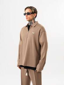 Men's Relaxed Fit Solid Color Half Zip Sweatshirt With Logo Detail - Camel - View 5