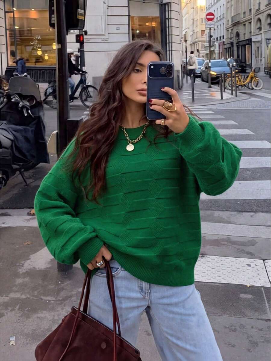 NZZOF Solid Color Round Neck Long Sleeve Minimalist Pullover Sweater - Green - View 1