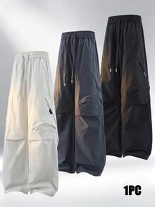 Men's Solid Color Flap Pocket Drawstring Elastic Waist Wide Leg Cargo Pants, Loose Straight Leg Casual Streetwear Trousers - Light Grey - View 9