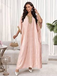 Women's Bat Decor Elegant Abaya Robe Pink Fall - Pink - View 1
