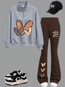 2pcs/Set Teen Girls Half-Zip Sweatshirt With Heart Print And Simple Casual Flare Pants, Autumn/Winter Fashion Outfit - Grey - View 2