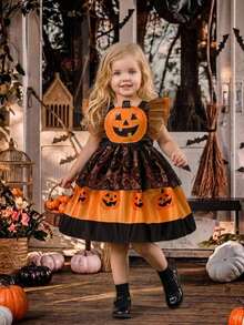 Baby Girls Flutter Sleeve Contrast Color Lace Mesh Pumpkin Pattern Cute Party Dress Suitable For Halloween, Headband Not Included - Multicolor - View 1
