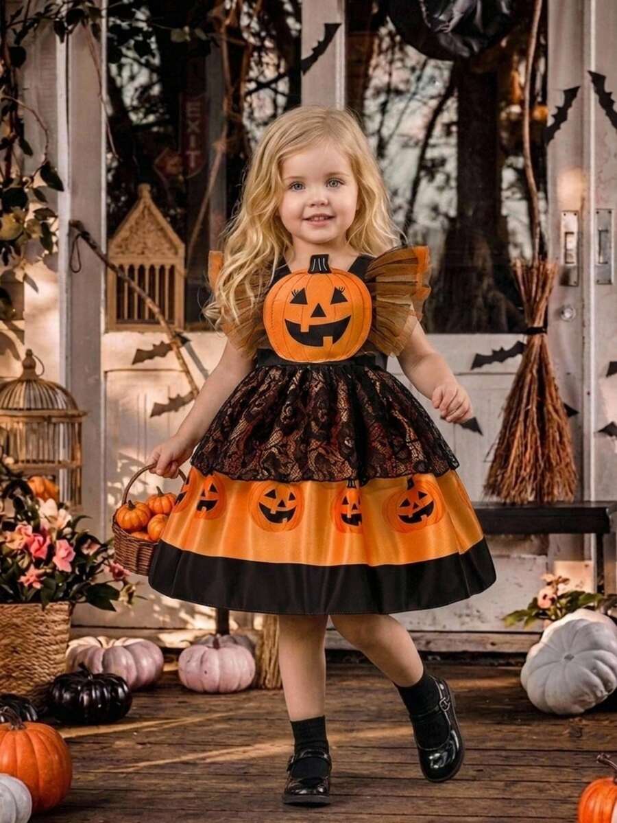 Baby Girls Flutter Sleeve Contrast Color Lace Mesh Pumpkin Pattern Cute Party Dress Suitable For Halloween, Headband Not Included - Multicolor - View 1