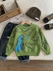 Boys Toddler Cute Dinosaur Knit Pullover Sweater, Suitable For Daily Wear, Vacation, Spring, Autumn, Winter - Green - View 4