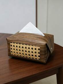 1pc Wood‑Grain Rattan Splicing Tissue Box Cover, Retro PU Leather Rectangular With Hollow Woven Panel & Snap Button, Dust‑Proof Storage Make Up Storage Organiser Desktop Decor, For Living Room Bedroom Hotel Daily Use All‑Season Household Ornament - Multicolor - View 14