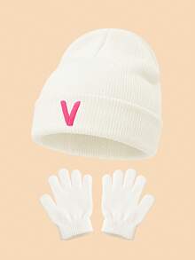 Set 2 Buah Topi Rajut Lipat Bergaris Putih dan Sarung Tangan Tanpa Jari, Bordir Huruf Personalisasi 26 Pilihan, Kain Elastis Ramah Kulit Dapat Dicuci, Cocok untuk Paduan Pakaian Musim Gugur/Musim Dingin Anak Perempuan - Putih - View 15