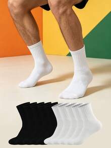 1/5/10/20 Pairs Men's Mid-Calf Socks, Simple Black & White Striped, Casual Home & Daily Wear - Multicolor - View 1