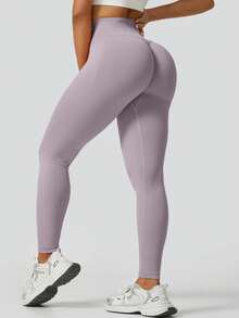 Women's Solid Light Purple Seamless Leggings, High Waist Tummy Control Booty Lift For Yoga Pilates Gym, Sportswear - Lilac Purple - View 6