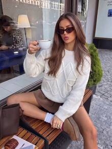 Sweater Wol Elegan Wanita dengan Bordir Garis Tekstur 3D Gaya Klasik, Cocok untuk Kembali ke Sekolah, Lengan Panjang, Warna Putih, Atasan Rajut Bergaris, Gaya Streetwear Musim Gugur - Putih - View 6