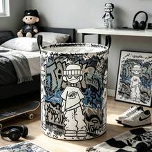 1PC Street Graffiti Cartoon Character Print Storage Basket With Handles, Urban Hip‑Hop Figure Graffiti Letter Background Pattern Household Organizer Bin, Suitable For Multi‑Purpose Storage Of Clothes Sundries, Home And Room Decor - Multicolor - View 5