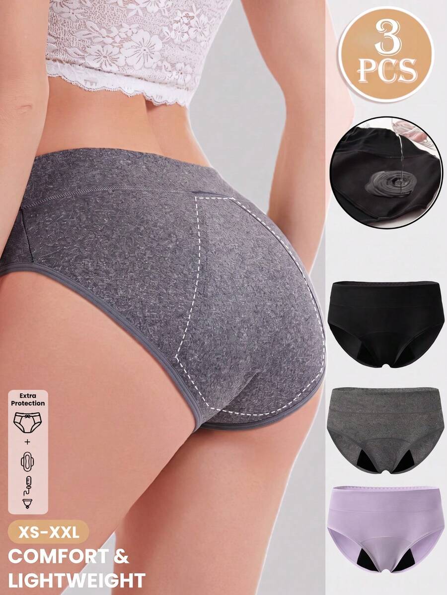 3pcs Women's Soft & Comfortable Leak-Proof Period Panties, Thick & Long Full Coverage Basic Style