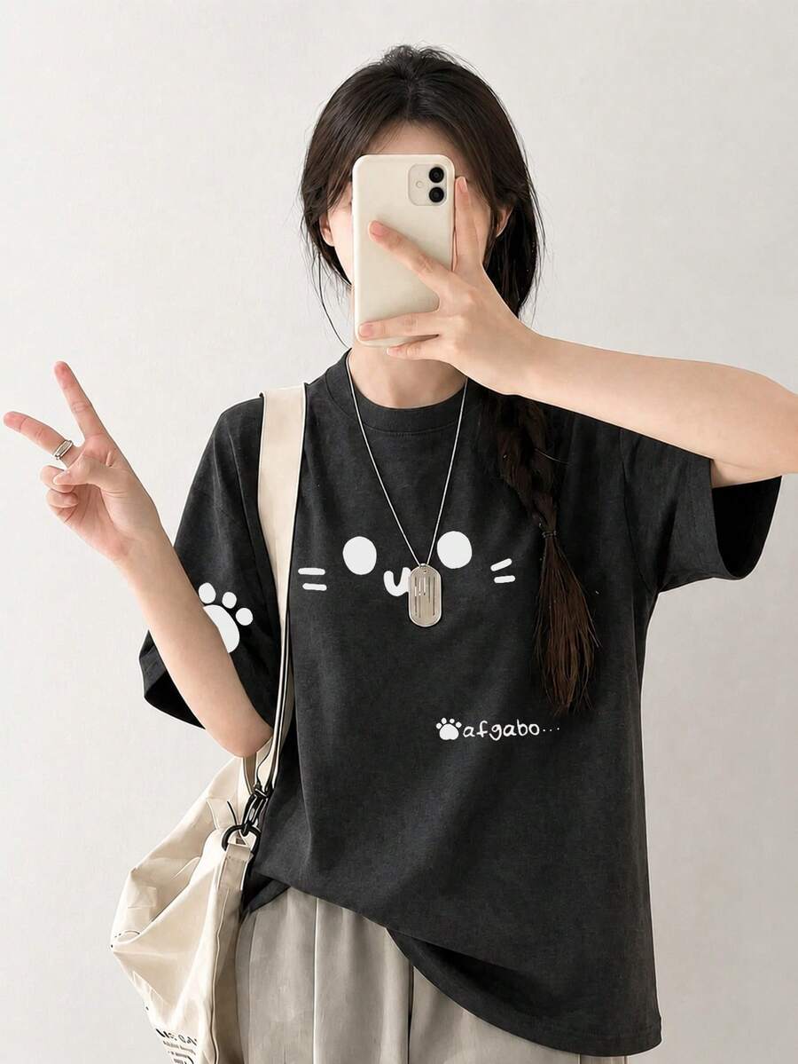 Women's Casual Loose Round Neck Cartoon Cat & Letter Print Short Sleeve T-Shirt, Summer - Dark Grey - View 1