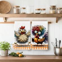 2pcs Vintage Pastoral Chicken Pattern Kitchen Towels, Soft Skin-Friendly Hand Towels, Absorbent Cleaning Cloths, Reusable Cleaning Rags, Suitable For Kitchen, Living Room, Bathroom And Home Decor, Holiday Gift For Friends - Orange - View 5