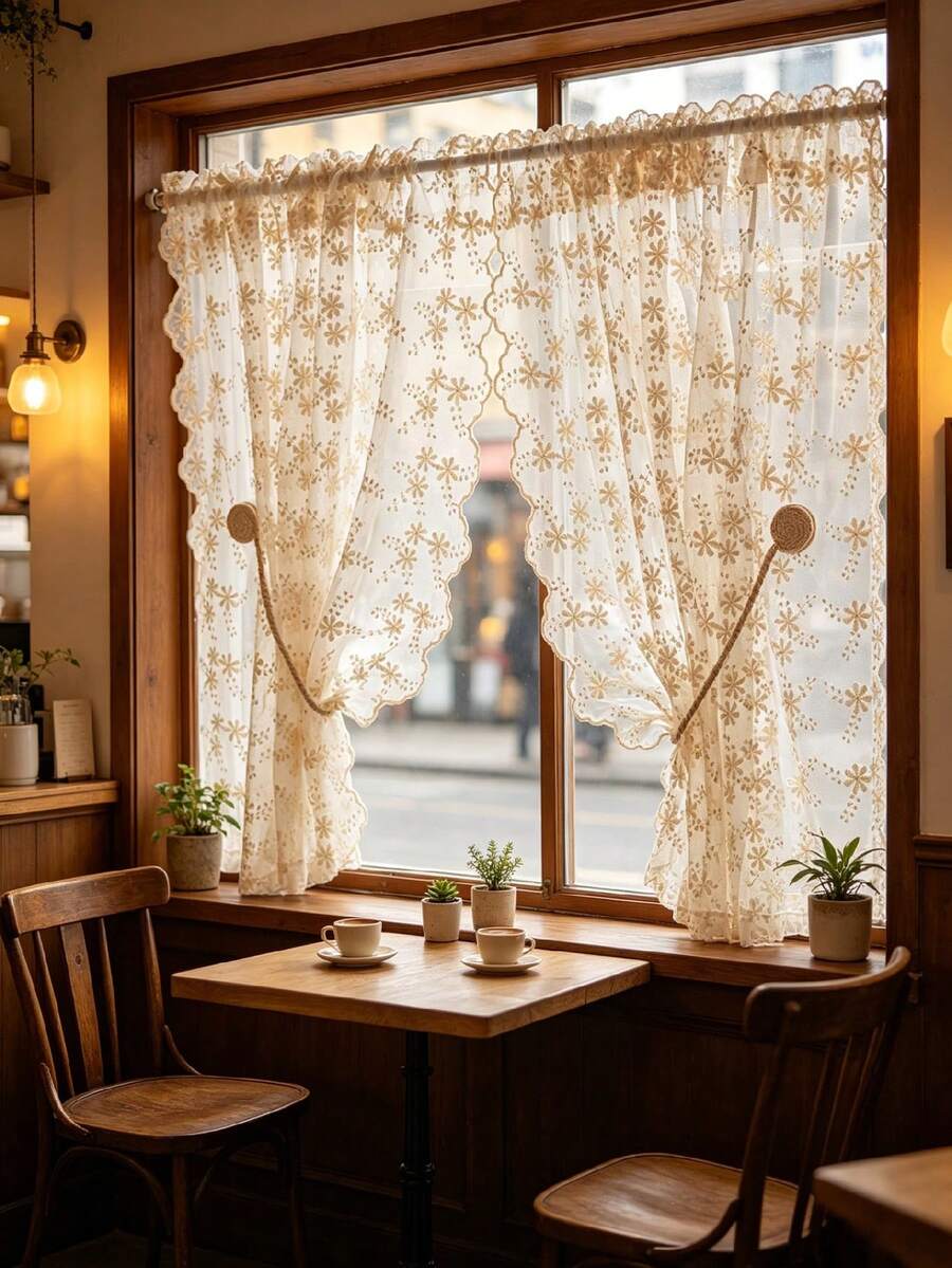 1pc Beige Jacquard Small Floral Linen Material Rod Pocket Bohemian Multicolor Home Decor Curtain, Nordic Natural Style Home Curtain, Room Divider Curtain, Easy To Install Rod Pocket, Bedroom Curtain, Living Room Curtain, Kitchen Curtain, Suitable For All Seasons - Multicolor - View 1