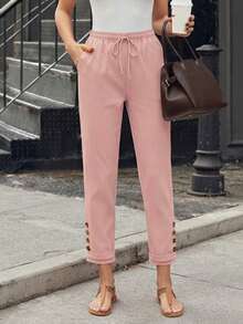 Jisfaneya Women's Casual Pants With Drawstring, Elastic Waistband, And Button Accents Pink - Pink - View 5
