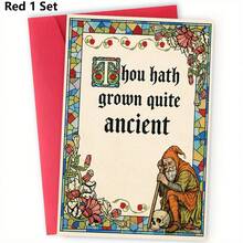 1/3 Sets Vintage Humorous Birthday Greeting Card, "Thou Hath Grown Quite Ancient," Featuring A Stained Glass Border And Old Dwarf Skeleton Elements, Suitable For Elders/Old Friends, With Sturdy Paper And Vibrant Printing - A - View 16