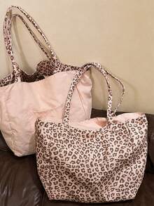 Pink Leopard Print Large Capacity 2-In-1 Tote Bag With Sturdy Double Top Handles, Reversible Design, Versatile Shopping Bag, Commuter Bag, And Multi-Functional Storage Organizer For Headphones, Chargers, Cosmetics, Laptop And Travel Essentials - Multicolor - View 7