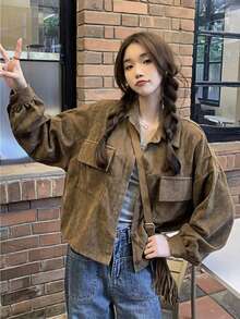 YUXIN Corduroy Women's Jacket - Elegant Lapel, Casual Button Front, Solid Color, Machine Washable, Suitable For Autumn/Winter - Brown - View 3