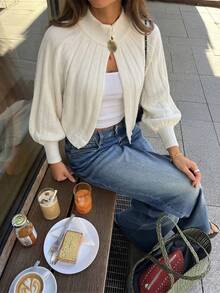 Women's Knitted Long Sleeve Cardigan, Stand Collar Design, Gold Button Detail, Suitable For Autumn Wear - Beige - View 3