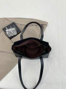 1pc Black Bag Charm Decor Large Capacity Solid Color PU Tote Bag Women's Shoulder Bag - Black - View 6