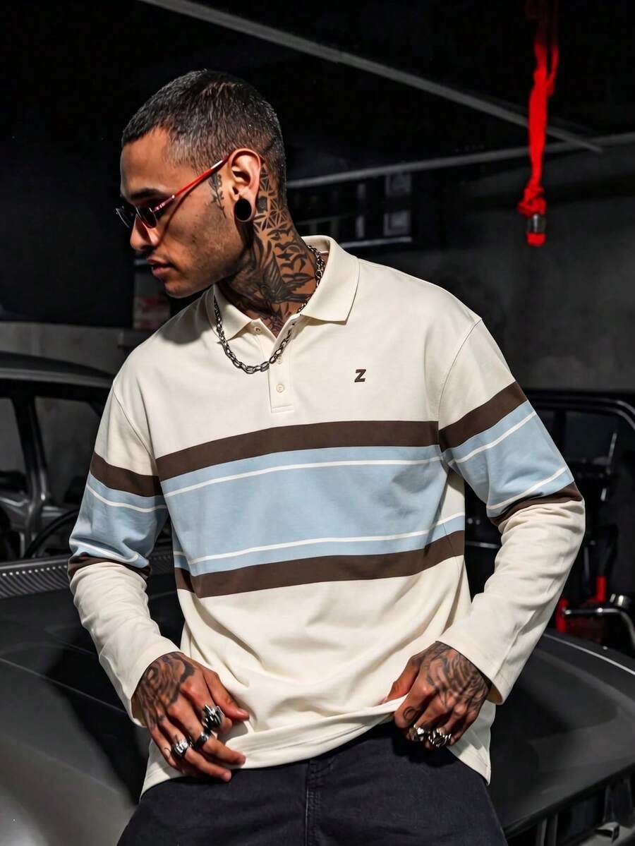 男士美式復古米色對比條紋長袖橄欖球 Polo 衫,小 Z 字字母刺繡,寬鬆休閒上衣 - 杏色 - 查看 1