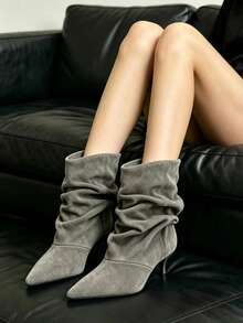 Women's Gray Suede Ruched Mid-Calf Boots, Pointed Toe Kitten Heel Design, Vintage Chic Autumn/Winter Commuter Versatile Fashion Boots - Grey - View 5