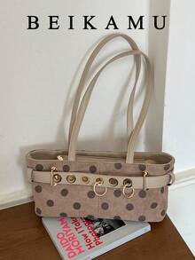 1pc Polka Dot Pattern Suede Tote Bag, Strap Metal Eyelet Decor Shoulder Bag Baguette Bag, Suitable For University, Commute, Shopping, Street Shopping, Daily Use - Khaki - View 5