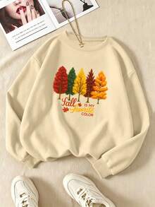 Plus-Size Women's Fashion Crew Neck Sweatshirt, Autumn Colorful Tree "Fall Is My Favorite Color" Maple Leaf Graphic Print, Casual Everyday Women's Top - Apricot - View 3