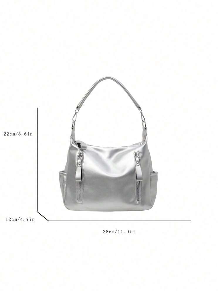 2026 New Women's Shoulder Bag, Niche Design, Large Capacity, Commuter Casual Versatile Minimalist Fashion Crossbody Bag, PU Texture Denim Effect, Solid Color Design, Comfortable Fabric, Handbag With Zipper Closure, Detachable Long Shoulder Strap, Comfortable Hand Carry, Multiple Zipper Pockets, Side Inner Pockets, Large Space Capacity, Online Autumn Tote Bag With Pendant - Silver - View 6
