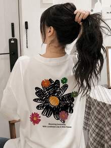 Women's Loose Fit Round Neck Short Sleeve Letter & Floral Print T-Shirt, Spring/Summer Casual White - White - View 2