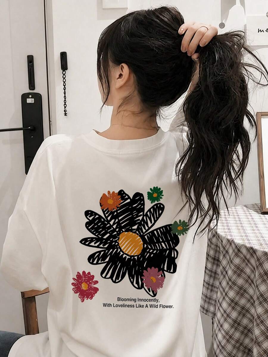 Kaos Wanita Longgar Leher Bulat Lengan Pendek Motif Huruf & Bunga, Kasual Musim Semi/Panas Warna Putih - Putih - View 1
