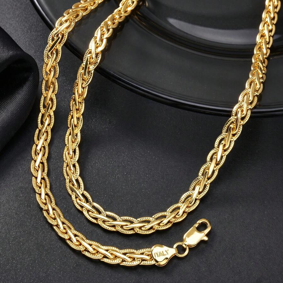 18K Gold Plated Copper Chain Necklace Bracelet Jewelry Set For Women Men Daily Wear - Gold 4 - View 1