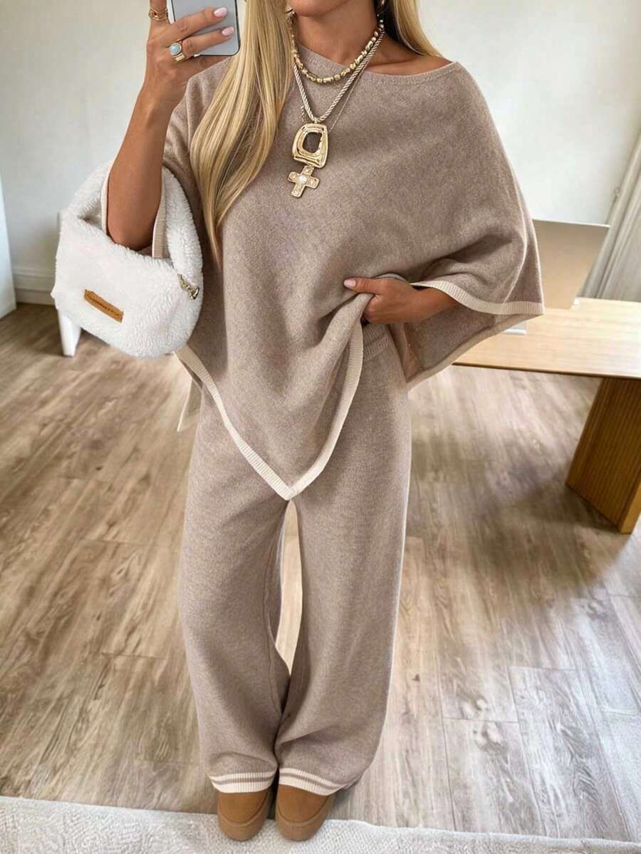 Women's Autumn/Winter High Neck Long Cloak, Loose Fit Colorblock Sweater And Wide Leg Pants 2 Pieces Set - Light Khaki - View 1