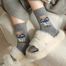 5 Pairs Autumn/Winter Vintage Flocked Bear Pattern Comfortable Mid-Calf Socks - Multicolor - View 3