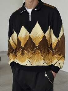 Men's Zippered Diamond Quilted Patchwork Casual Loose Fit Sweatshirt - Multicolor - View 2