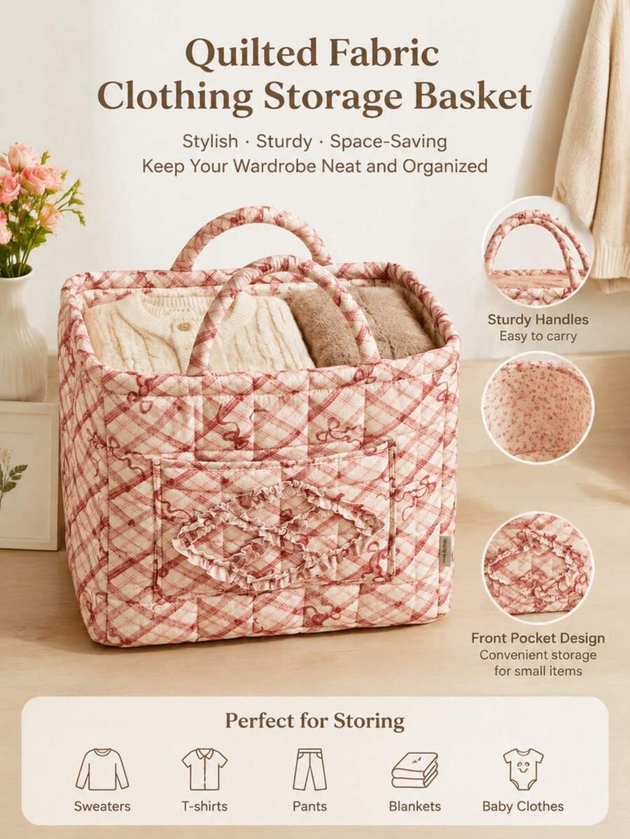 Diamond Quilted Bowknot Storage Basket Handheld Desktop Organizer Bin Foldable Container Cosmetics Jewelry Clothing Household Items Organization Solution Multifunctional Home Storage Box - View 1