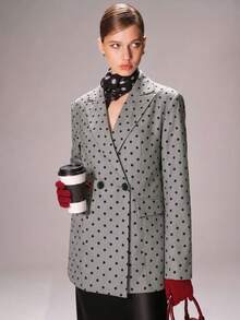 Women's Grey Base Black Polka‑Dot Boxy Blazer, Lapel Single‑Button Design, Wide‑Shoulder Loose Fit, Blazer With Flap Pockets - Grey - View 7