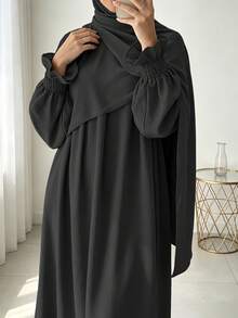 Busana Sehari-hari Wanita Timur Tengah, Set Hijab dan Abaya 2 Potong yang Serasi, Gaun Panjang Lengan Mengembang Longgar dengan Manset Elastis - MultiWarna - View 5