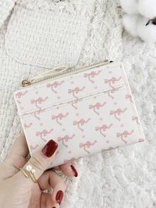 Fashionable Bow Print Women's Credit Card Holder, Zipper Fold Closure With ID Window, Suitable For Outdoor And Travel - White - View 10
