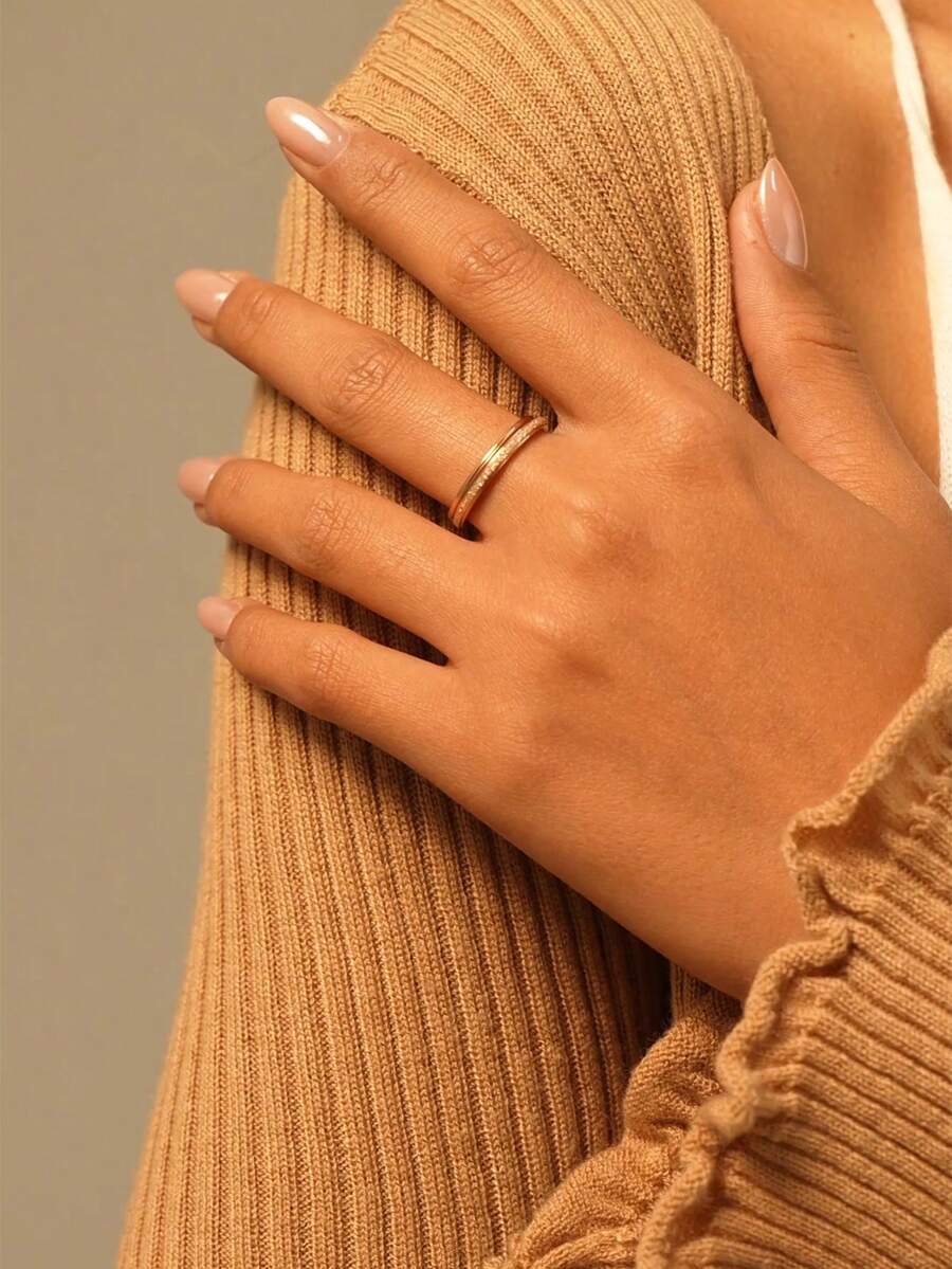2pcs Minimalist Stainless Steel Rose Gold Ring Set For Women - Rose Gold - View 1