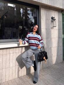 Joy Knit 女款針織毛衣 秋冬時尚新款 - 基礎上衣 - 優雅極簡休閒百搭 - 彩色條紋對比領 秋季 - 淺藍+酒紅 - 查看 6