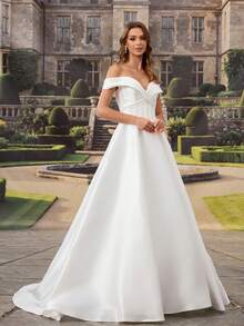 Elegant White Silk Wedding Dress, Off-Shoulder Sweetheart Neckline, Pearl Embellishments, Long Backless Design, Perfect For Creating A Romantic Bridal Look - White - View 6