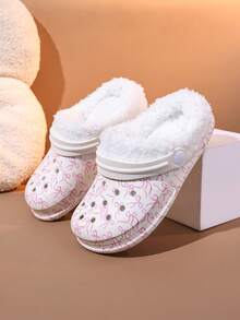 1 Pair Girls' Comfortable Fashion Thermal Lined Warm Bowknot Print Clogs, Suitable For Autumn/Winter - White - View 1