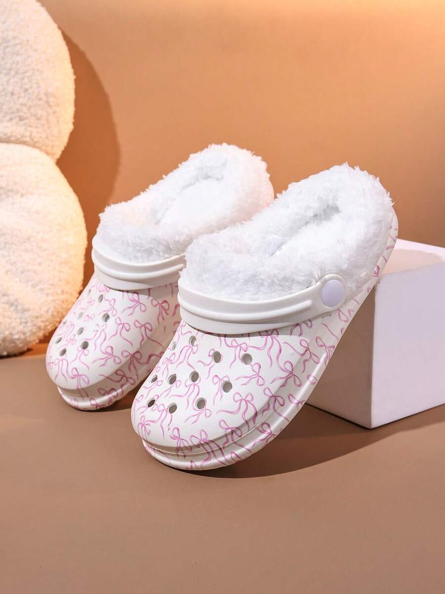 1 Pair Girls' Comfortable Fashion Thermal Lined Warm Bowknot Print Clogs, Suitable For Autumn/Winter - White - View 1