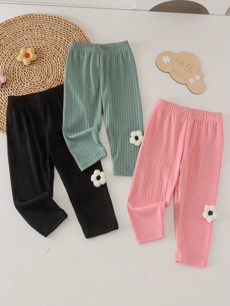 3pcs/Set Baby Girl Cute Comfortable 3D Floral Solid Color Ribbed Leggings Thin Spring/Autumn Casual Everyday - Multicolor - View 1